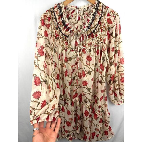 Free People Floral Ruffle Tunic Top Flounce Sleeve Boho Kara SMALL - Picture 8 of 11